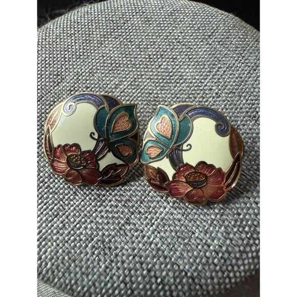 Cloisonne Earrings Flower Design Enamel Clip On Gold Tone Vintage Artsy Whimsy - Picture 4 of 4